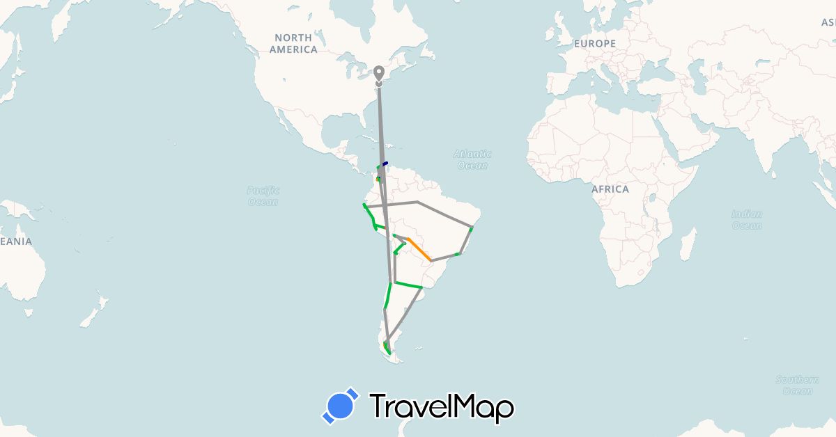 TravelMap itinerary: driving, bus, plane, cycling, hiking, boat, hitchhiking in Argentina, Bolivia, Brazil, Chile, Colombia, Peru, United States (North America, South America)